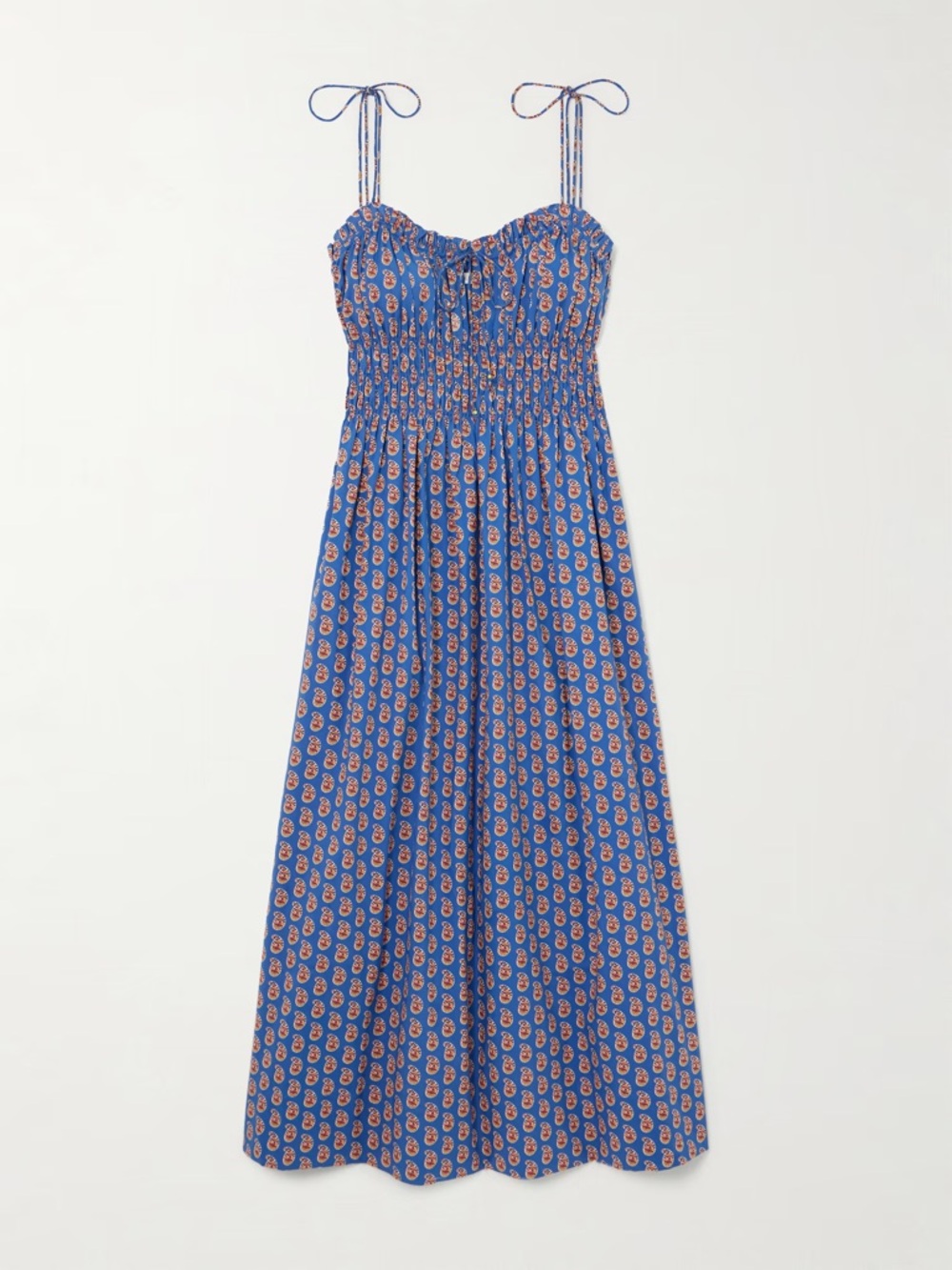 Doen Rhoda Dress Blue Paisley Smocked Tie-Shoulder Midi